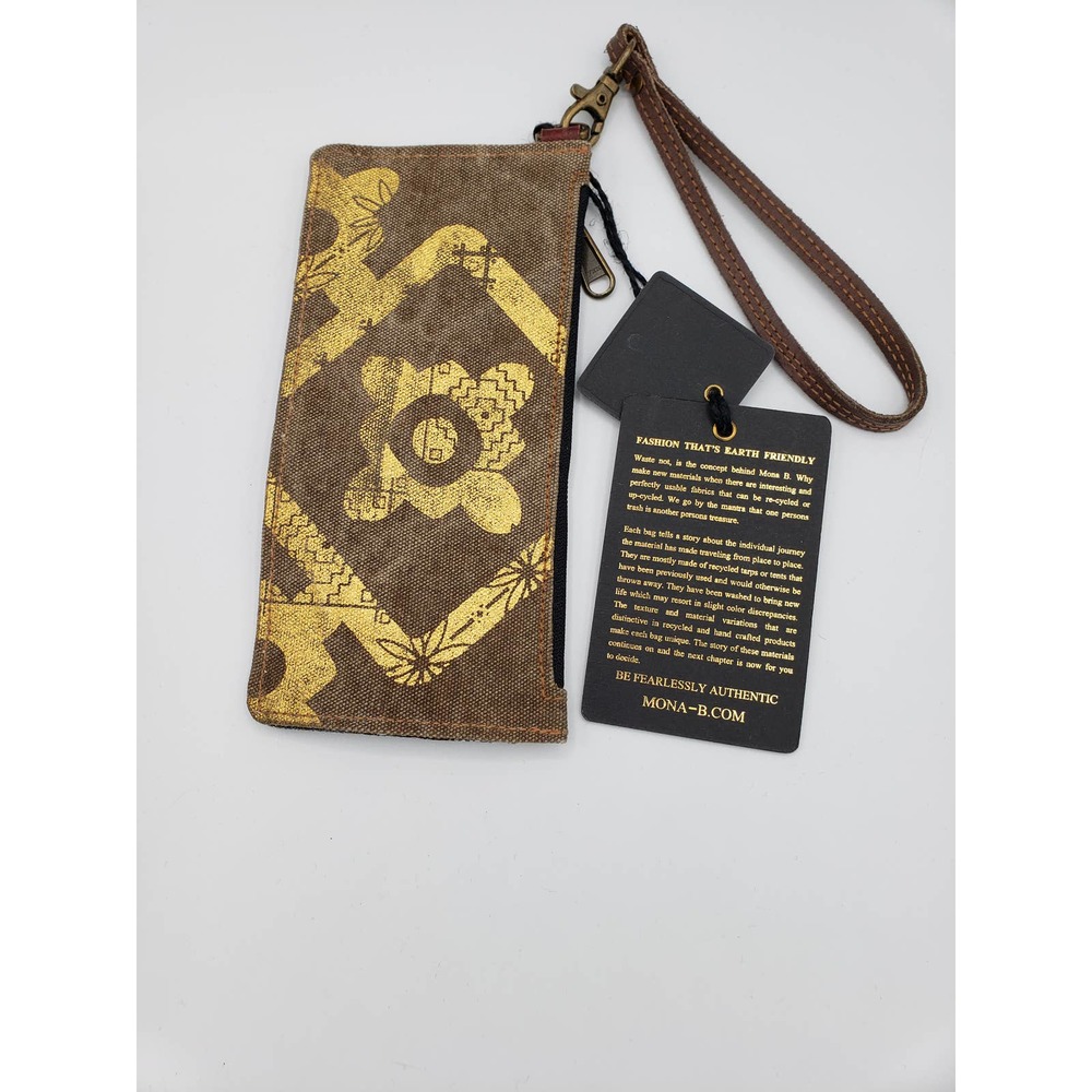 Mona B wristlet distressed brown, gold accent, Many compartments for cards